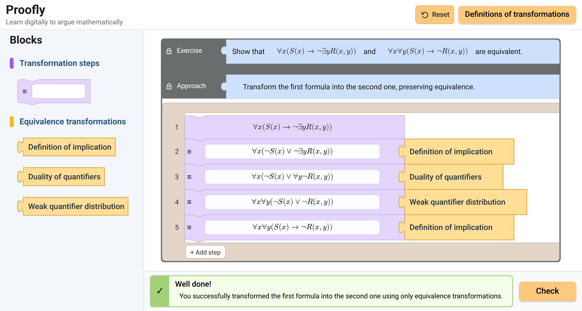 The Proofly editor: a block palette on the left, and a proof workspace where one first-order formula is rewritten step by step into the other, each step naming the equivalence applied.